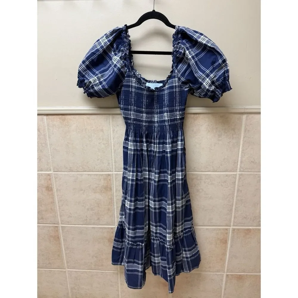 Hill House Home Louisa Nap Dress Navy Spring Plaid Tartan Smocked Sz M.MSRP $179 - Picture 2 of 11